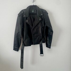 Wild Fable Black Faux Leather Moto Biker Jacket Belted Size M